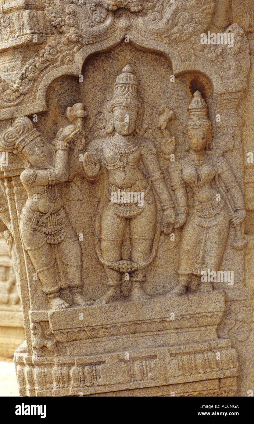 CARVINGS DEPICTING SHIVA PARVATHY MARRIAGE LEPAKSHI TEMPLE ANDHRA PRADESH Stock Photo