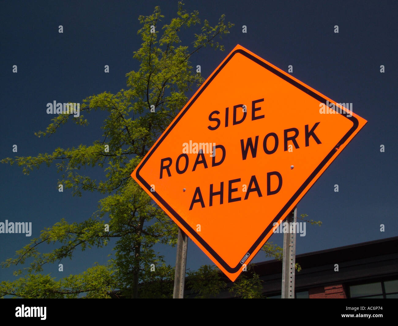 AJD42889, road sign, Side Road Work Ahead Stock Photo