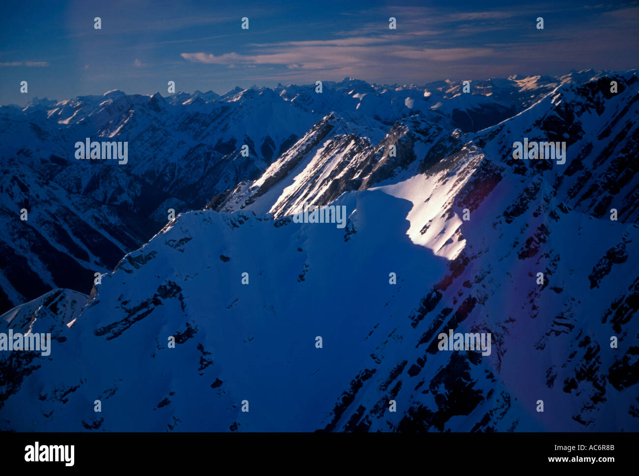 aerial view of the Canadian Rockies along Continental Divide in Banff