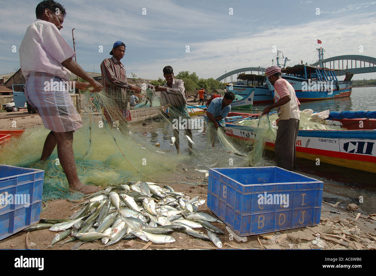 Fishing industry in area hit by Boxing Day 2004 Tsunami Village of  Sonakuppam in Tamil Nadu India There has been boats and nets distribution  plus the construction of temporary shelters The lucrative