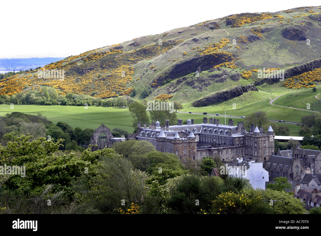 Hollyrood Palace Edinburgh Scotland as seen from Calton Hill with the Salisbury Crags in the background Stock Photo