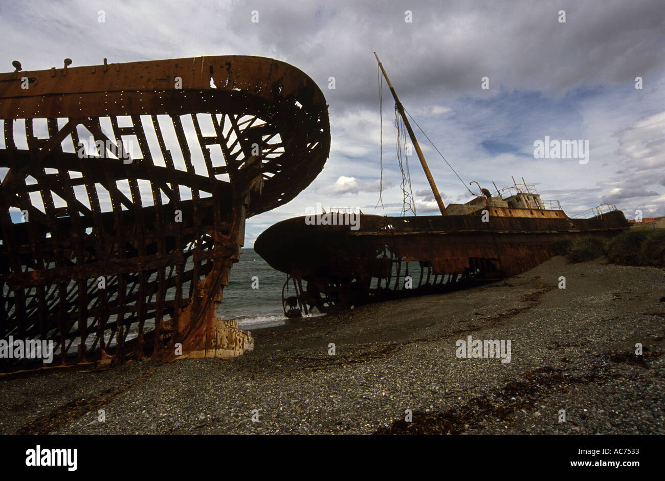 The rusting ship hulk of the AMBASSADOR on the beach at the GHOST RANCH ESTANCIA SAN GREGORIO PATAGONIA CHILE Stock Photo