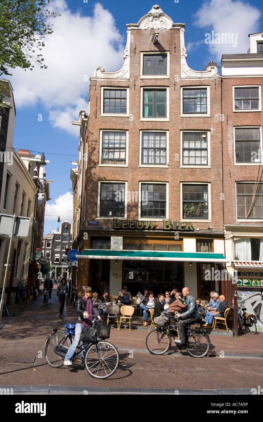 Amsterdam street cafe near Spui bicycles Stock Photo