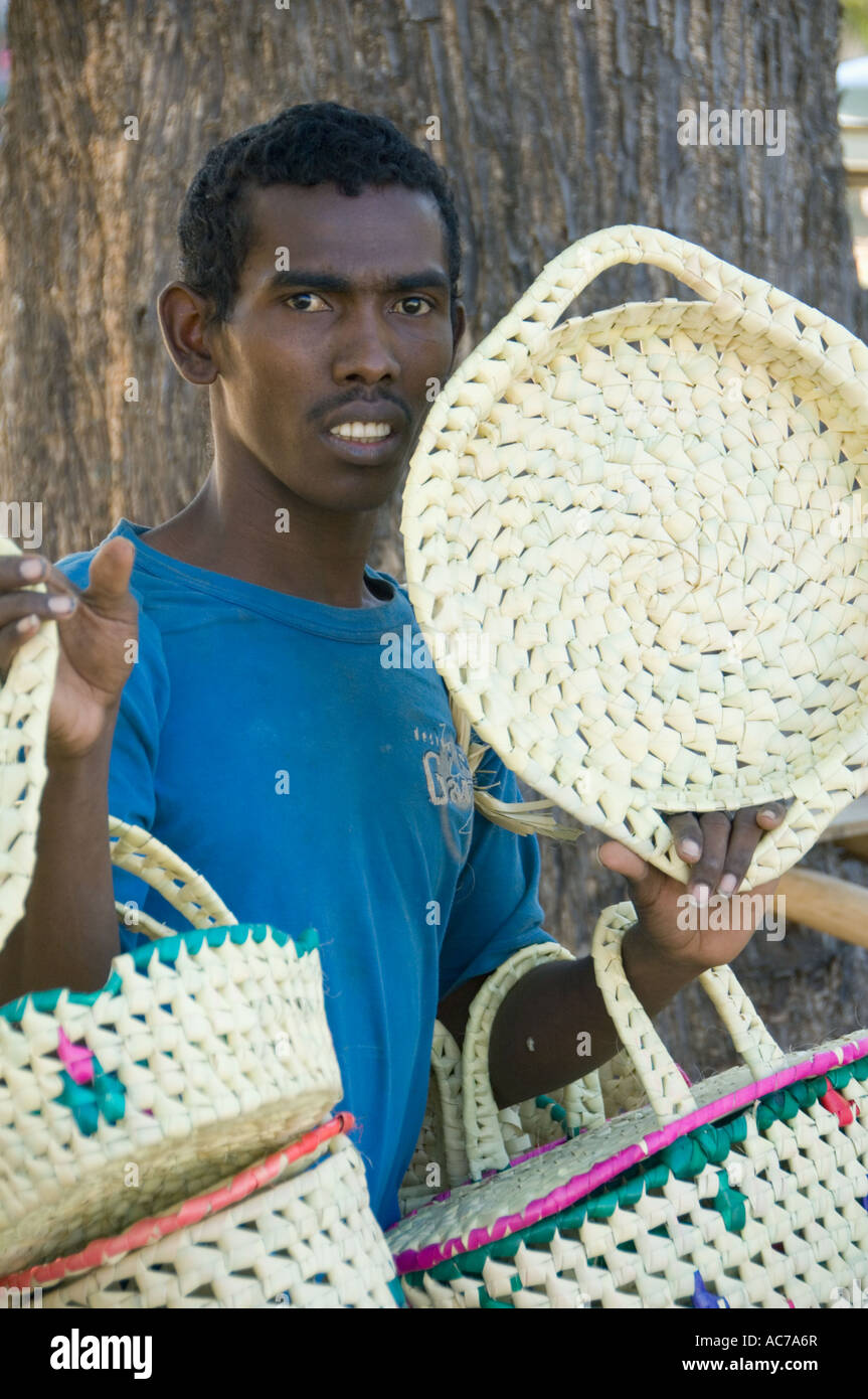 Man selling baskets, Mahajanga (Majunga), Western Madagascar Stock Photo