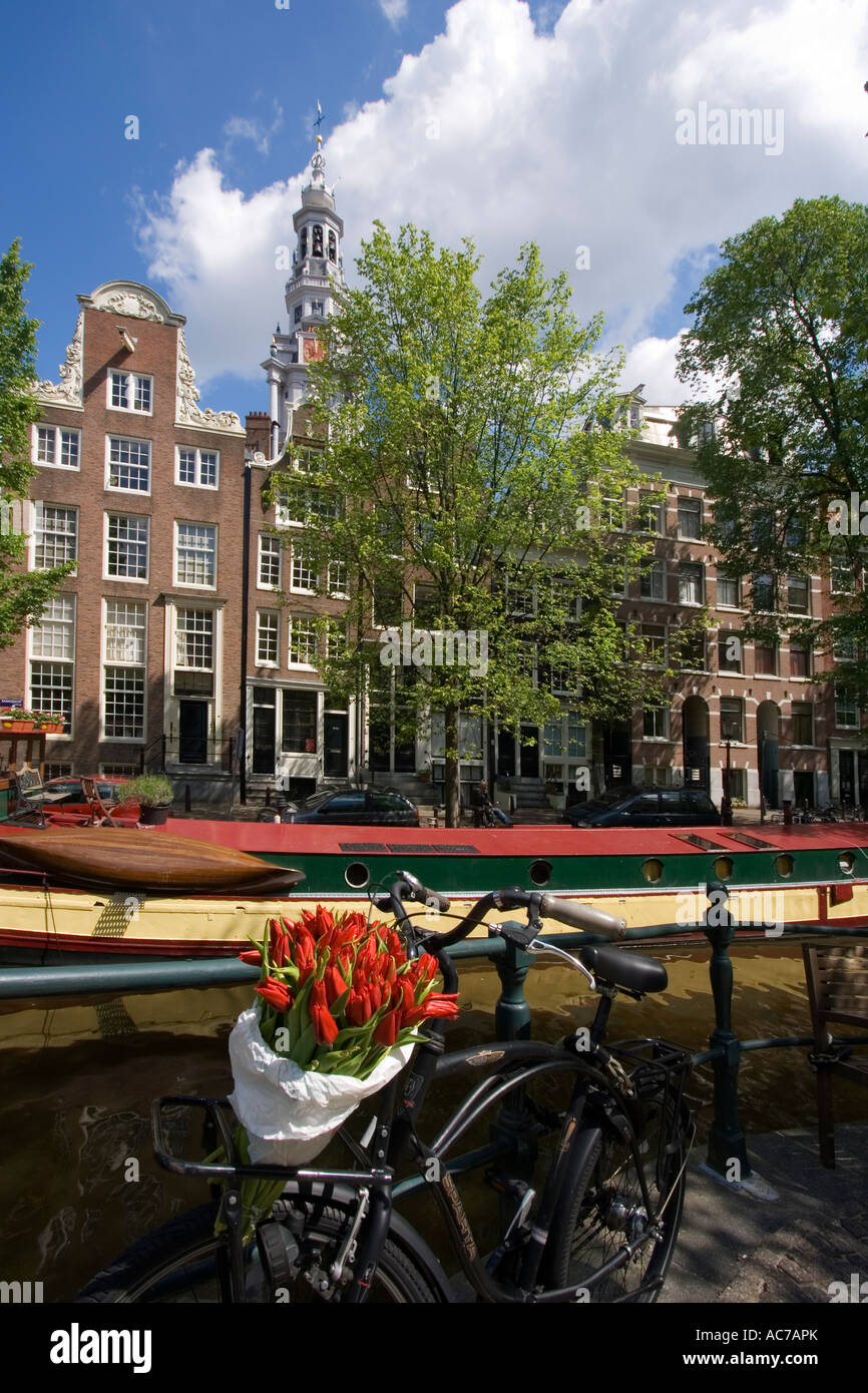 Amsterdam bicycle with tulips Zuiderkerk Stock Photo