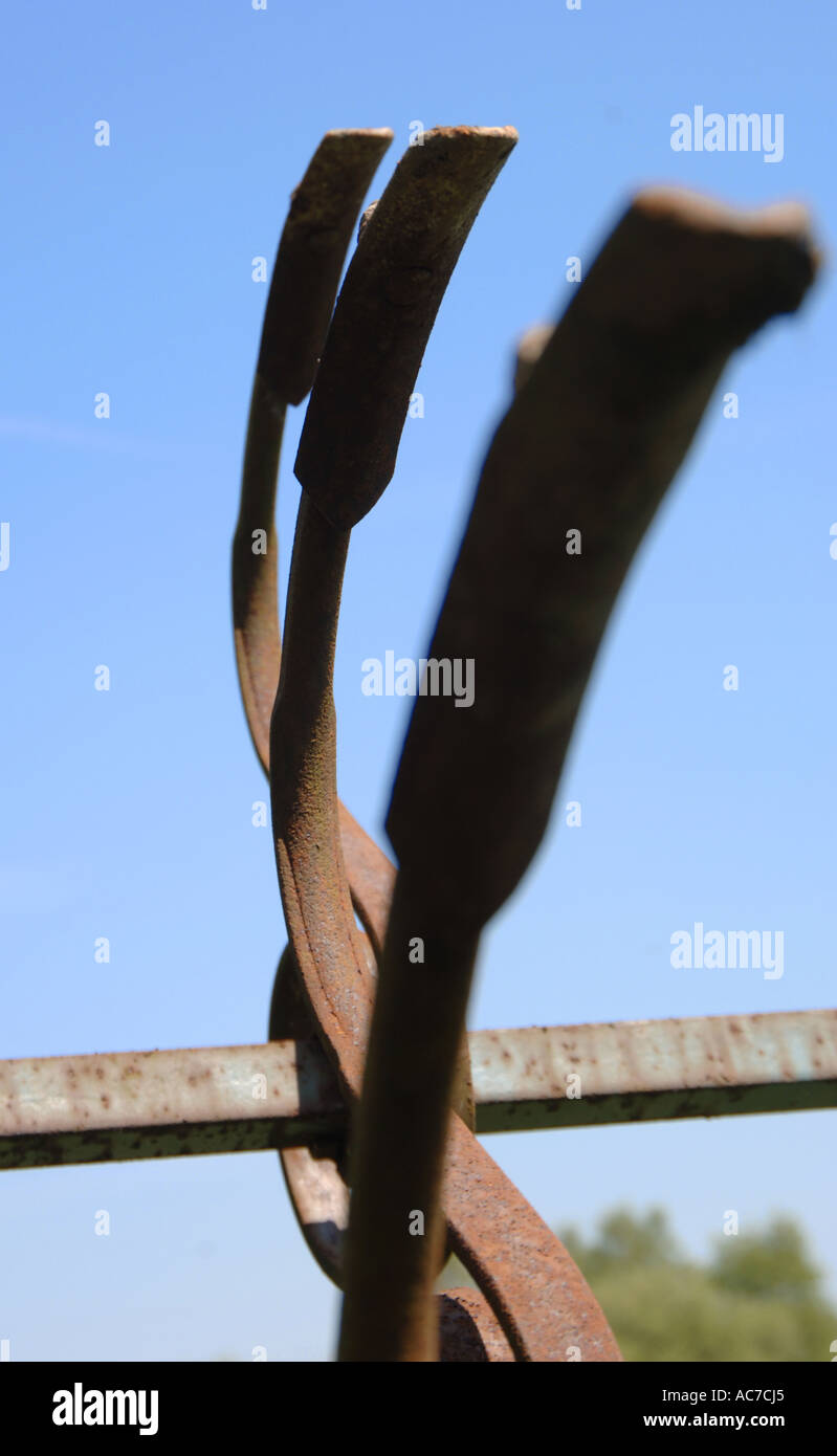 Old farm machinery makes a pattern like clawed fingers against a blue summer sky Stock Photo