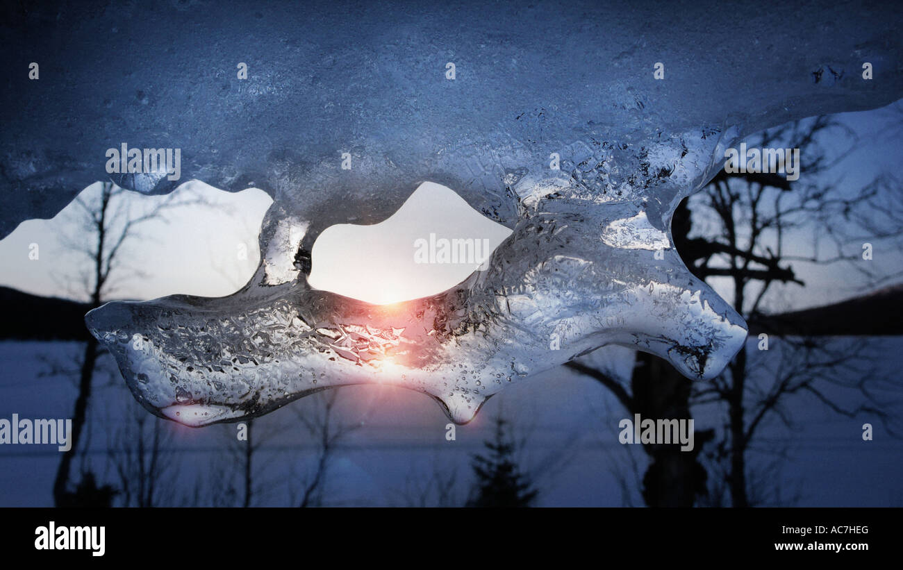 Icicles against an Arctic winter landscape Stock Photo