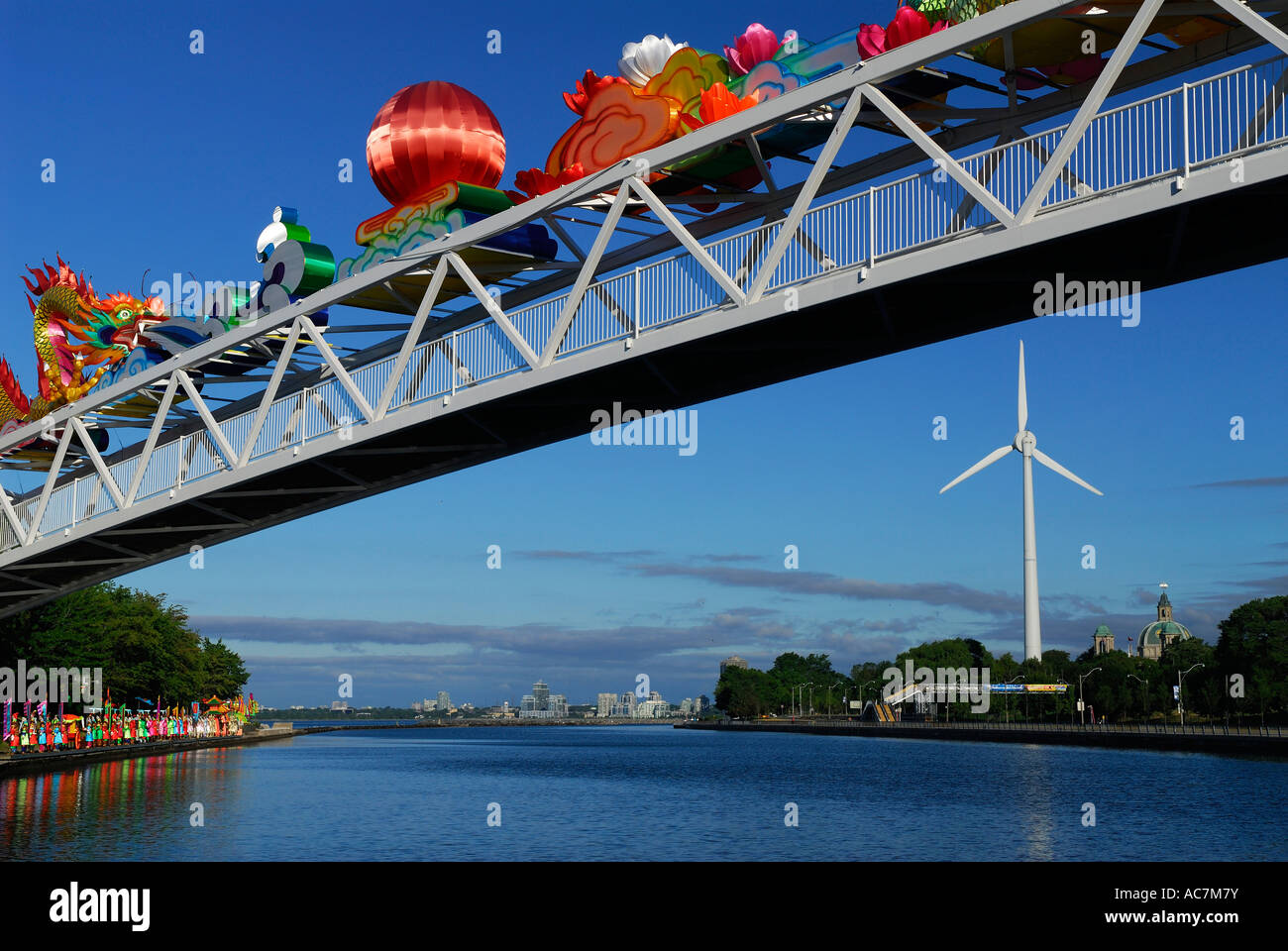 Colorful Chinese Lantern Festival figures on Ontario Place footbridge