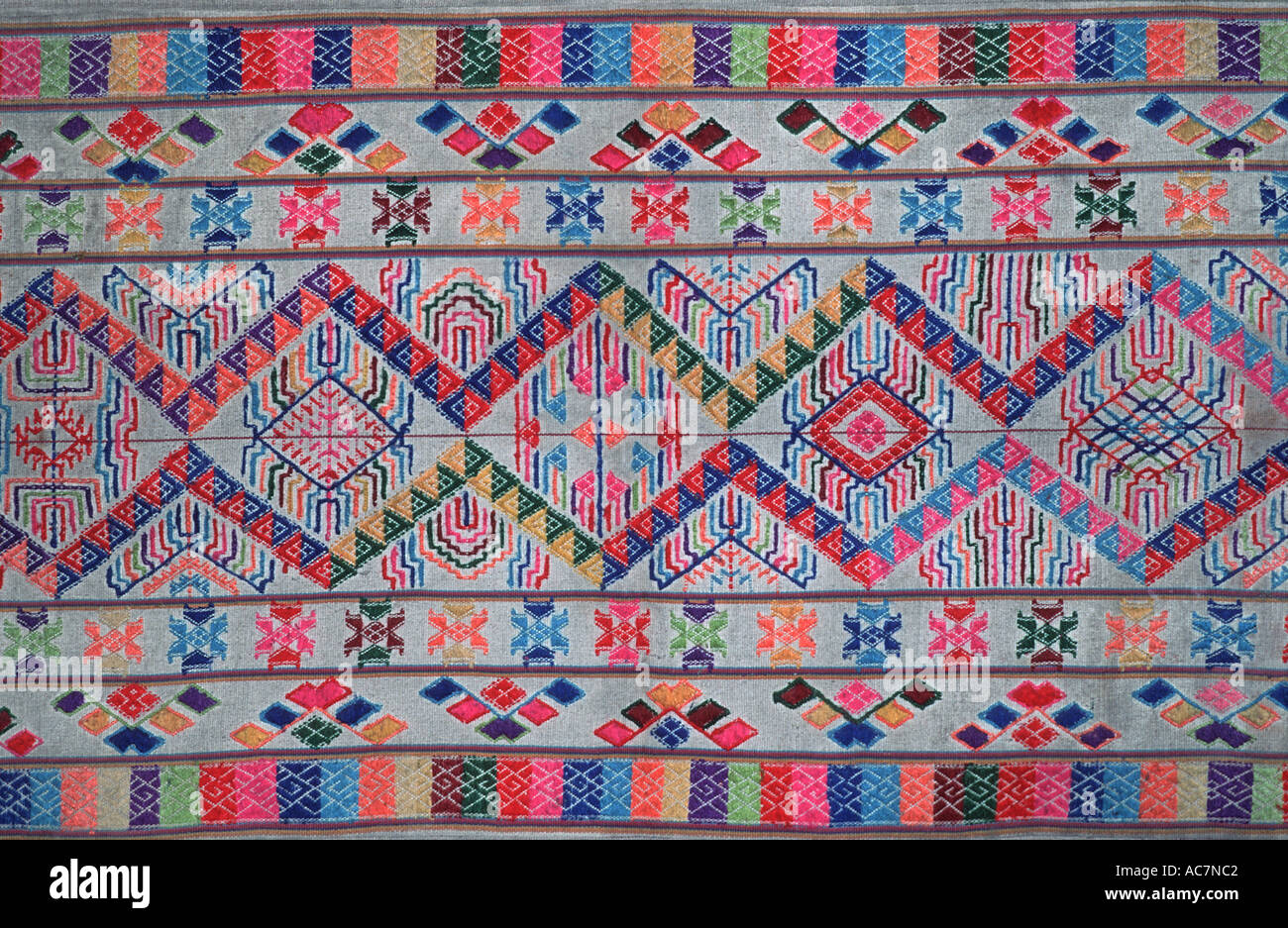 Bhutanese brocaded fabric with silk supplementary weft brocading Woven on a hip strap loom Bhutan Stock Photo