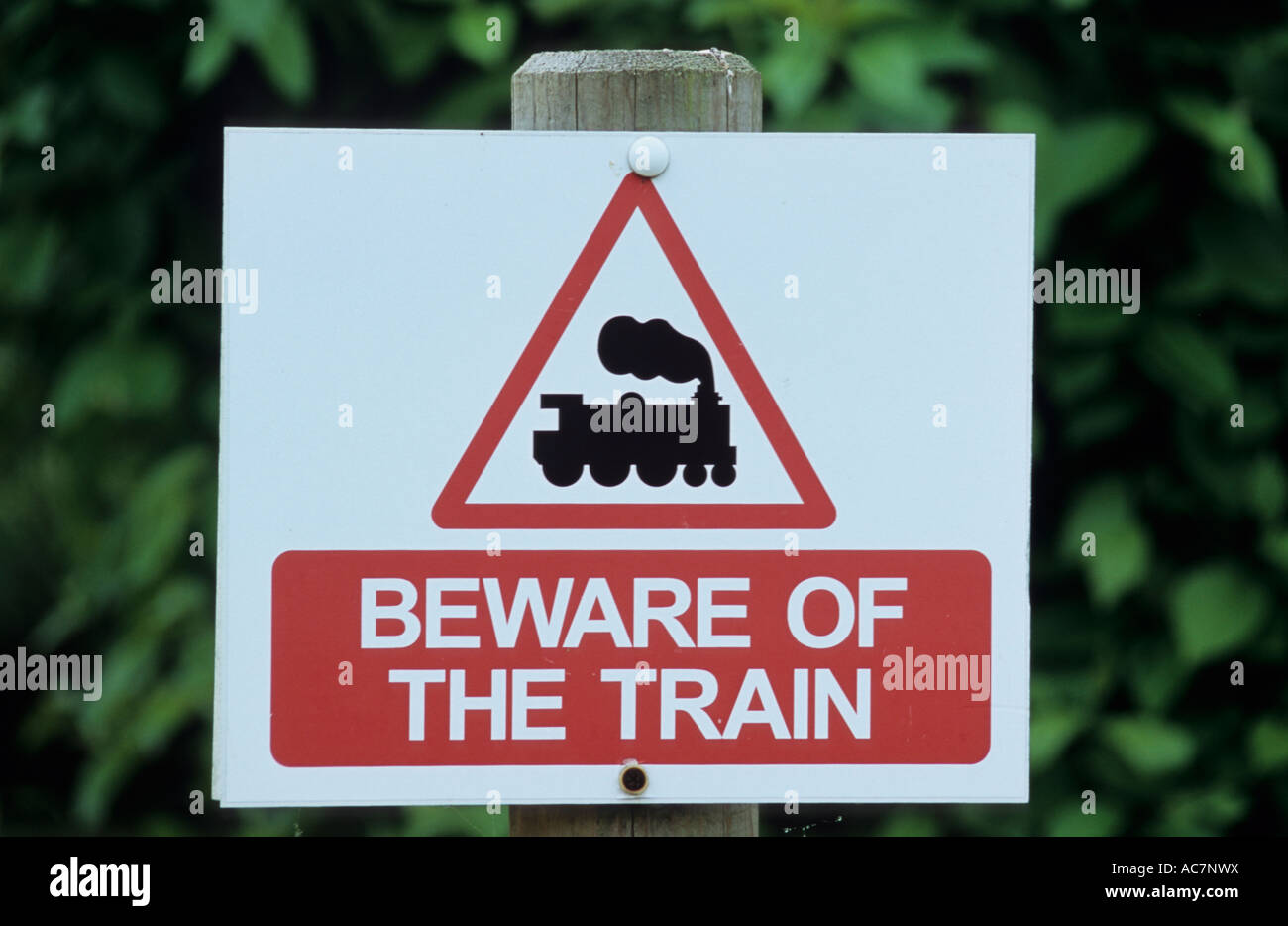 Beware Of The Train Sign in the uk Stock Photo