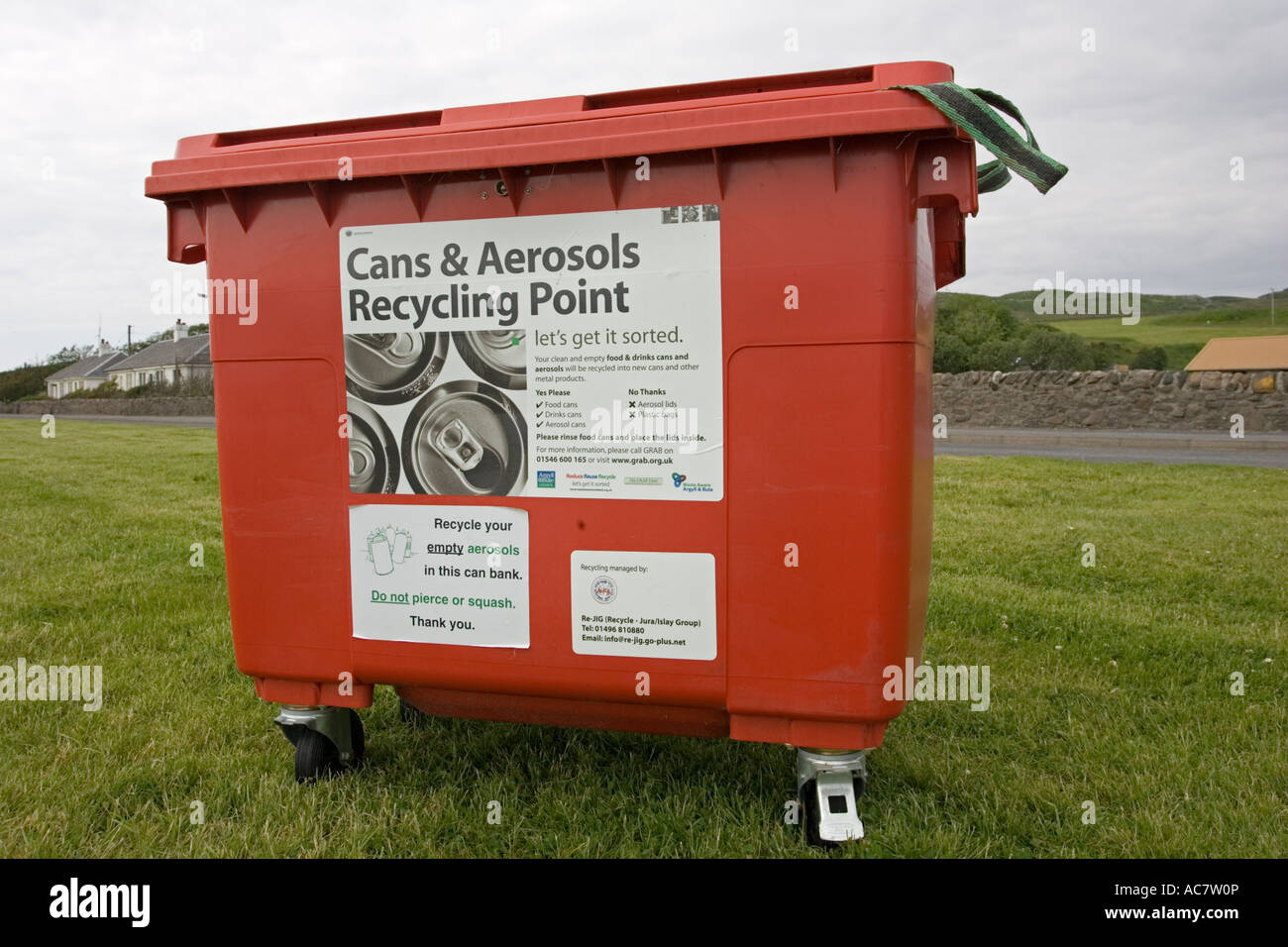 Cans and aerosol recycling bin Port Ellen Isle of Islay Scotland UK Stock Photo
