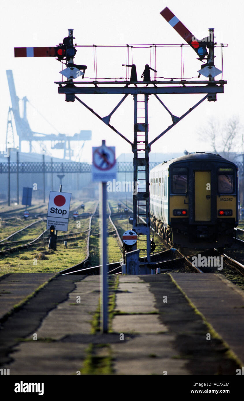 Passenger train departing from Lowestoft on the 49-mile East Suffolk branch line to Ipswich, Suffolk, UK. Stock Photo