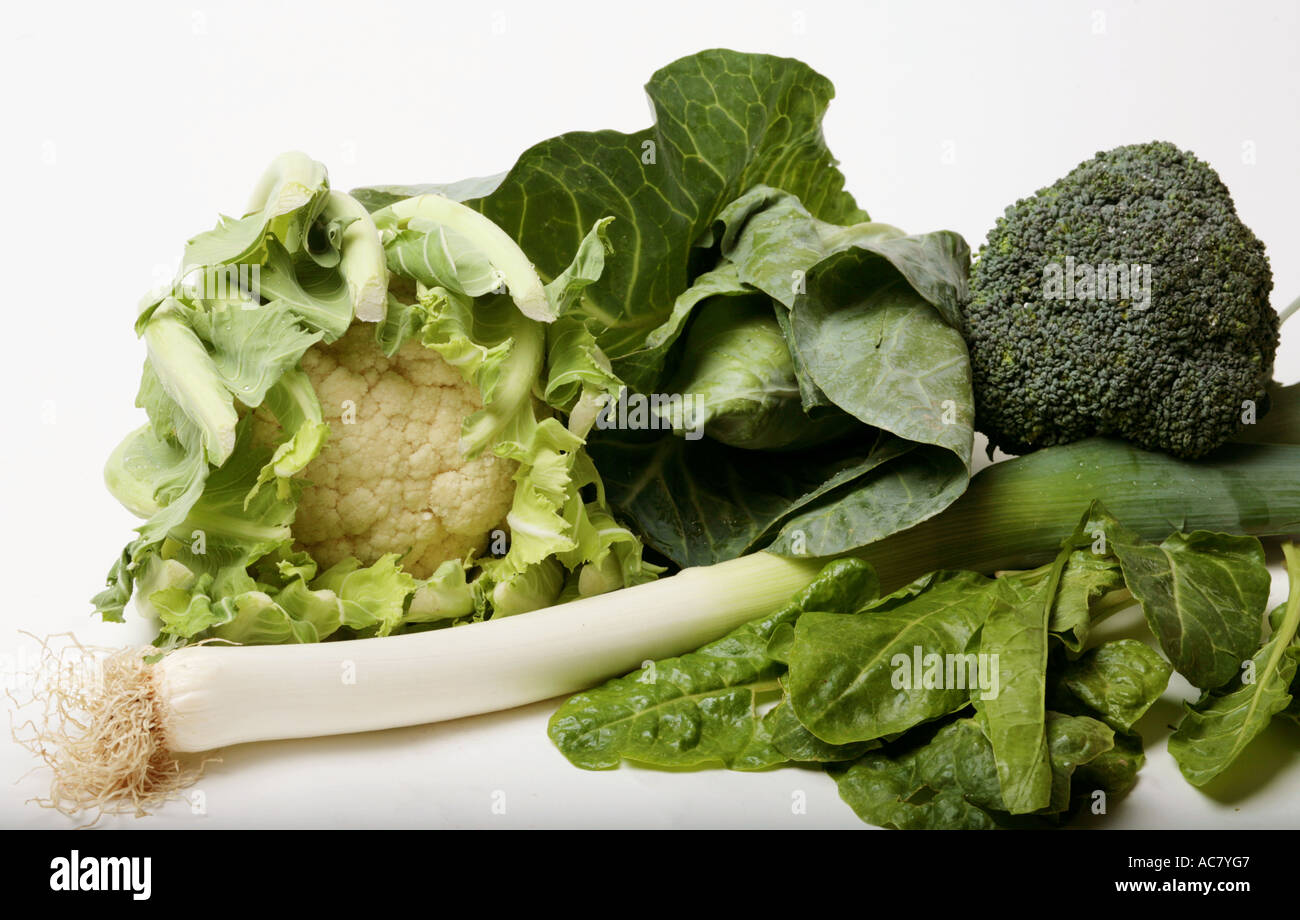 Raw Vegetables - cauliflower, leek, broccoli, cabbage, courgette Stock Photo