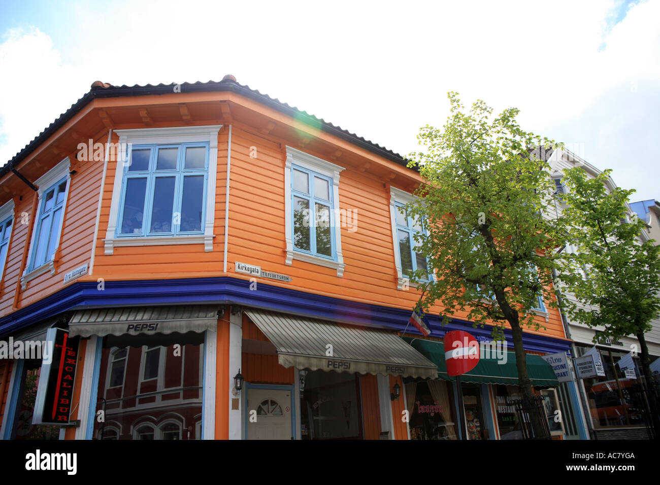 Brightly pained houses & shops, Stavanger, Norway Stock Photo