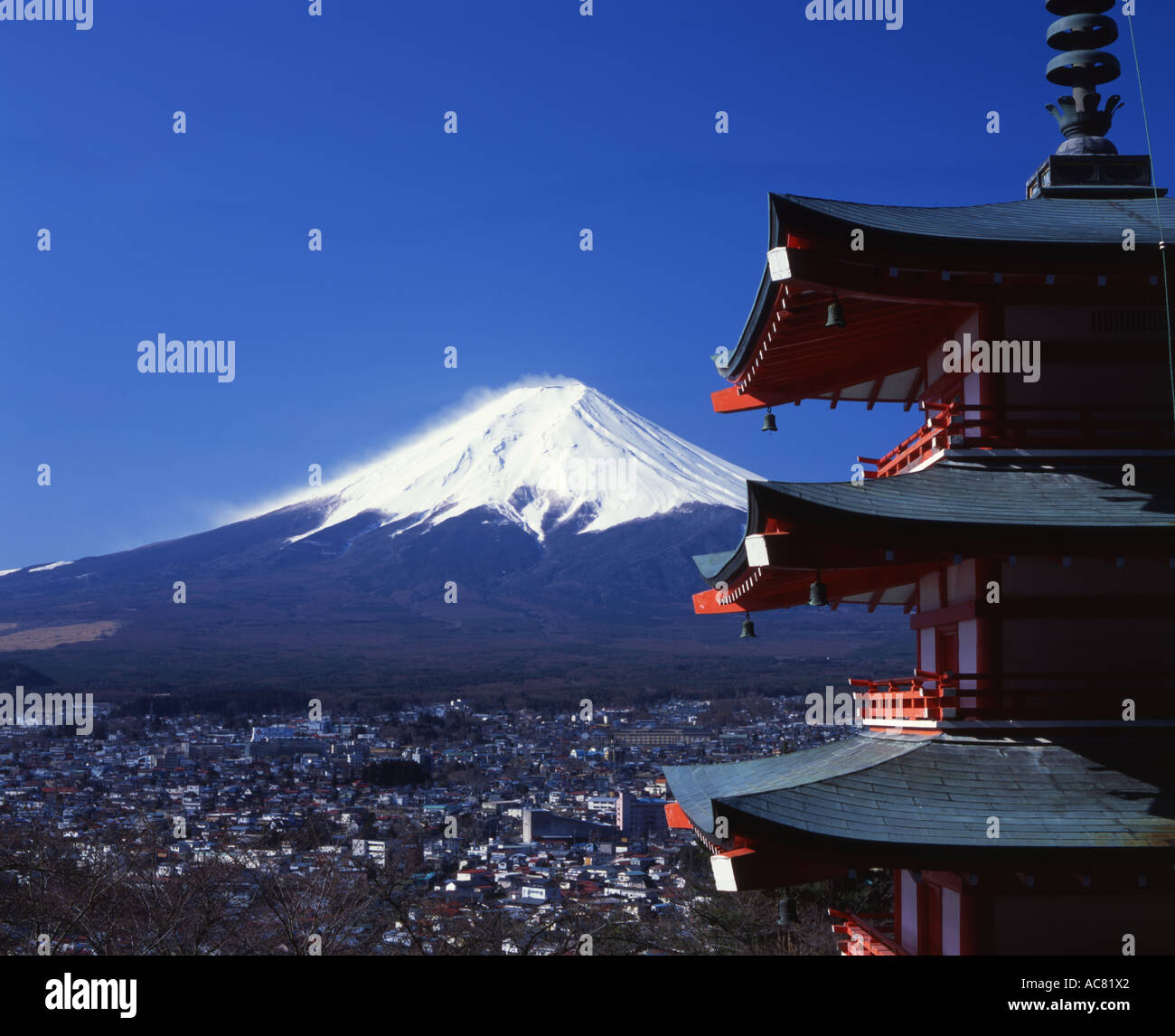 Chureito Pagoda and Mount Fuji, Japan's highest mountain. Looking from Fuji Yoshida side Stock Photo
