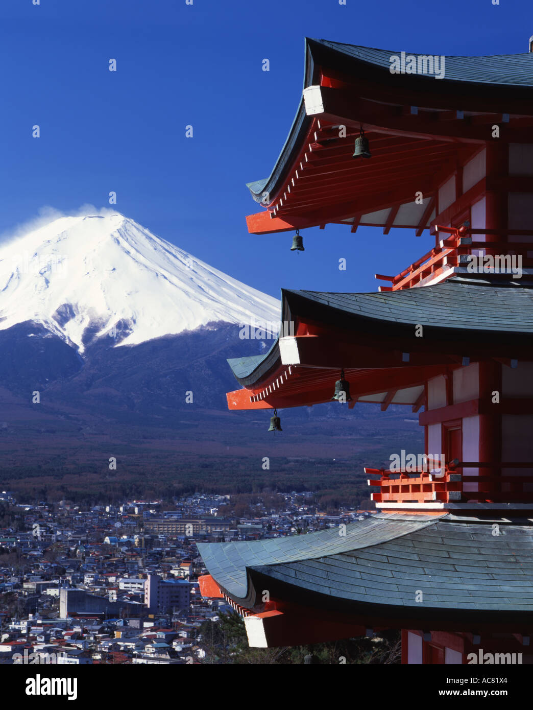 Chureito Pagoda and Mount Fuji, Japan's highest mountain. Looking from Fuji Yoshida side Stock Photo