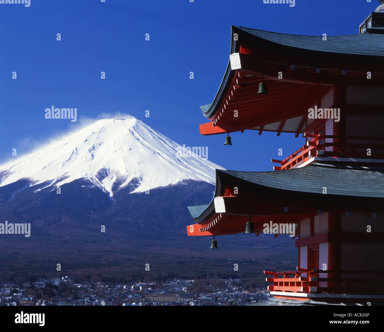 Chureito Pagoda and Mount Fuji, Japan's highest mountain. Looking from Fuji Yoshida side Stock Photo