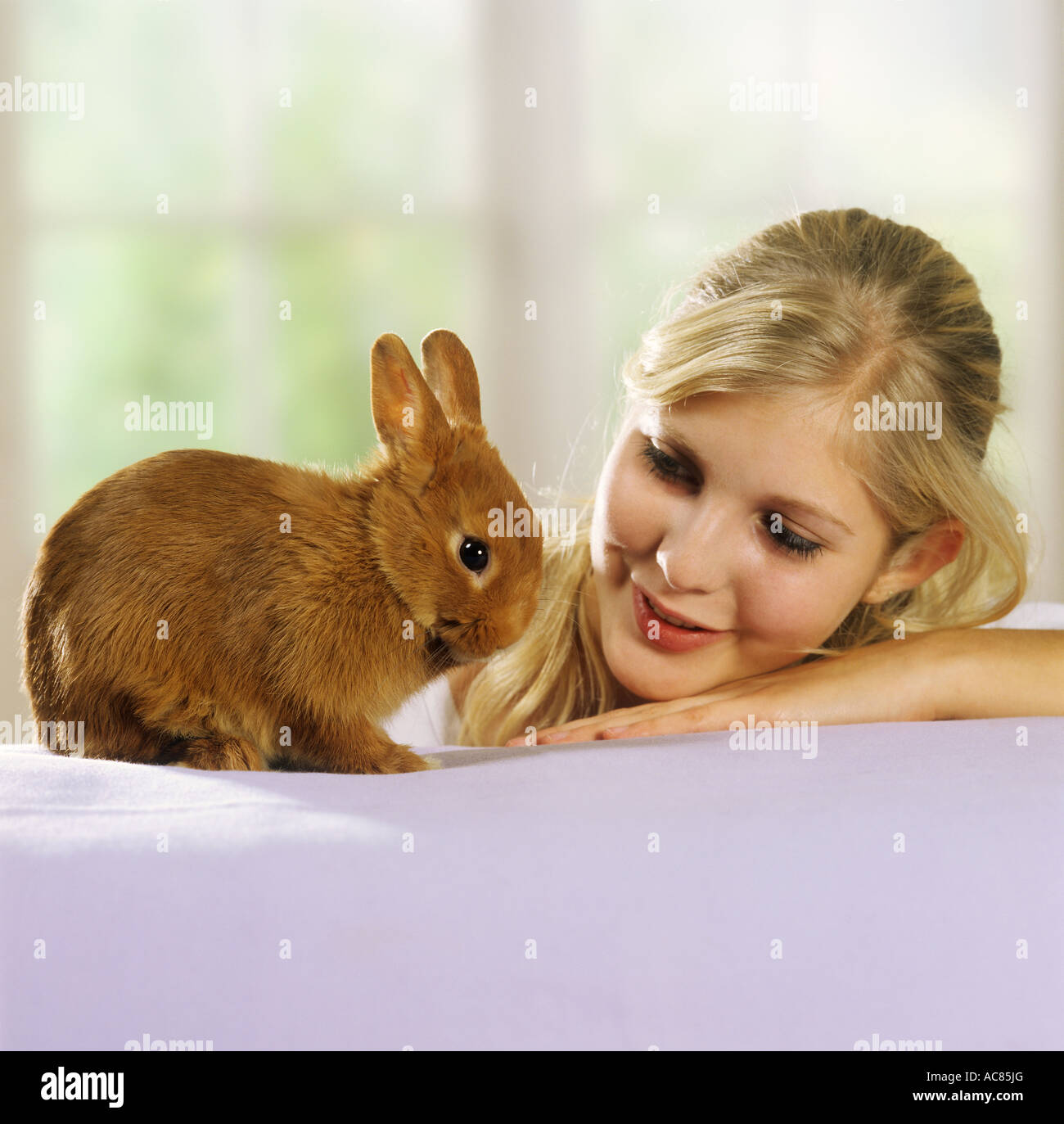 young woman with pygmy rabbit Stock Photo