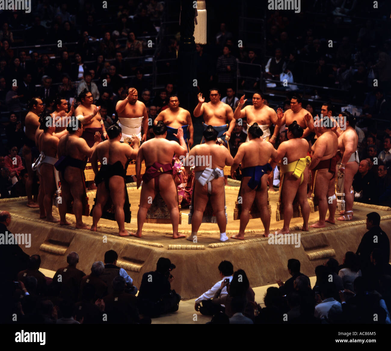 Sumo Wrestlers At The Osaka Basho 2006 Ring Entering Ceremony