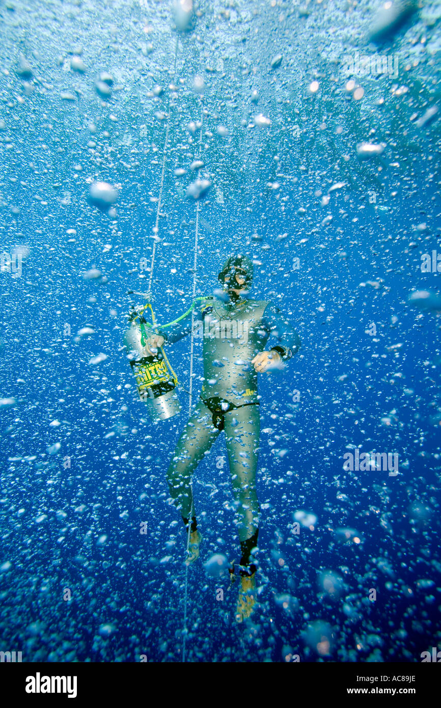 World record free diver Carlos Coste breathes Oxygen after attempting a
