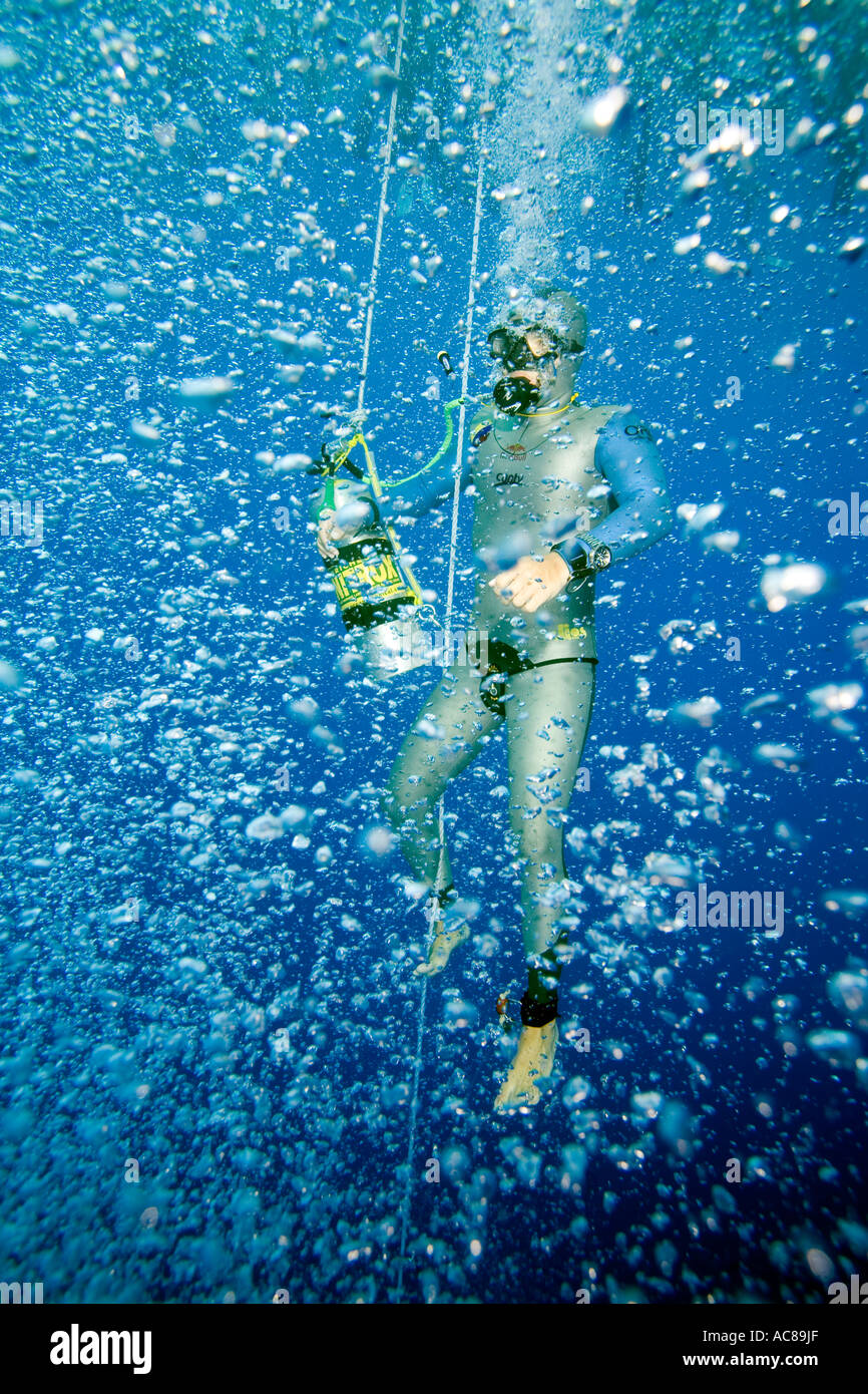 World record free diver Carlos Coste breathes Oxygen after attempting a