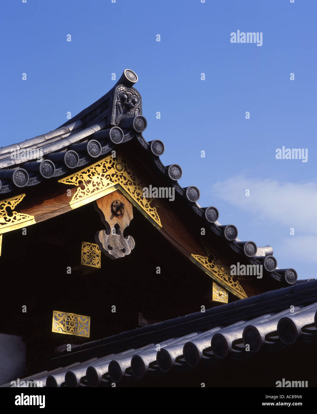 Roof detail at Shitenno-ji Temple  The birthplace of Japanese Buddhism. Stock Photo