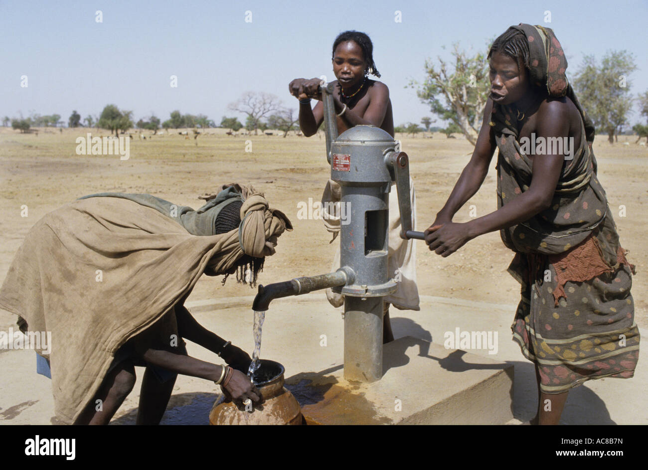 1985 Sudan Darfur Refugees from Chad collect water from a pump in Umballa camp Stock Photo