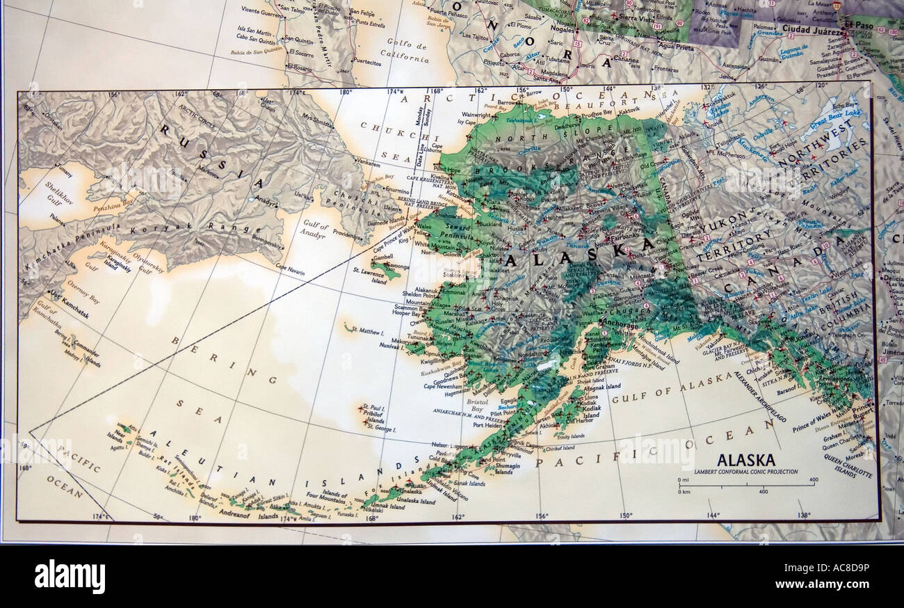 A close view of the state of Alaska, USA on a fine, detailed and colorful United States map. Stock Photo