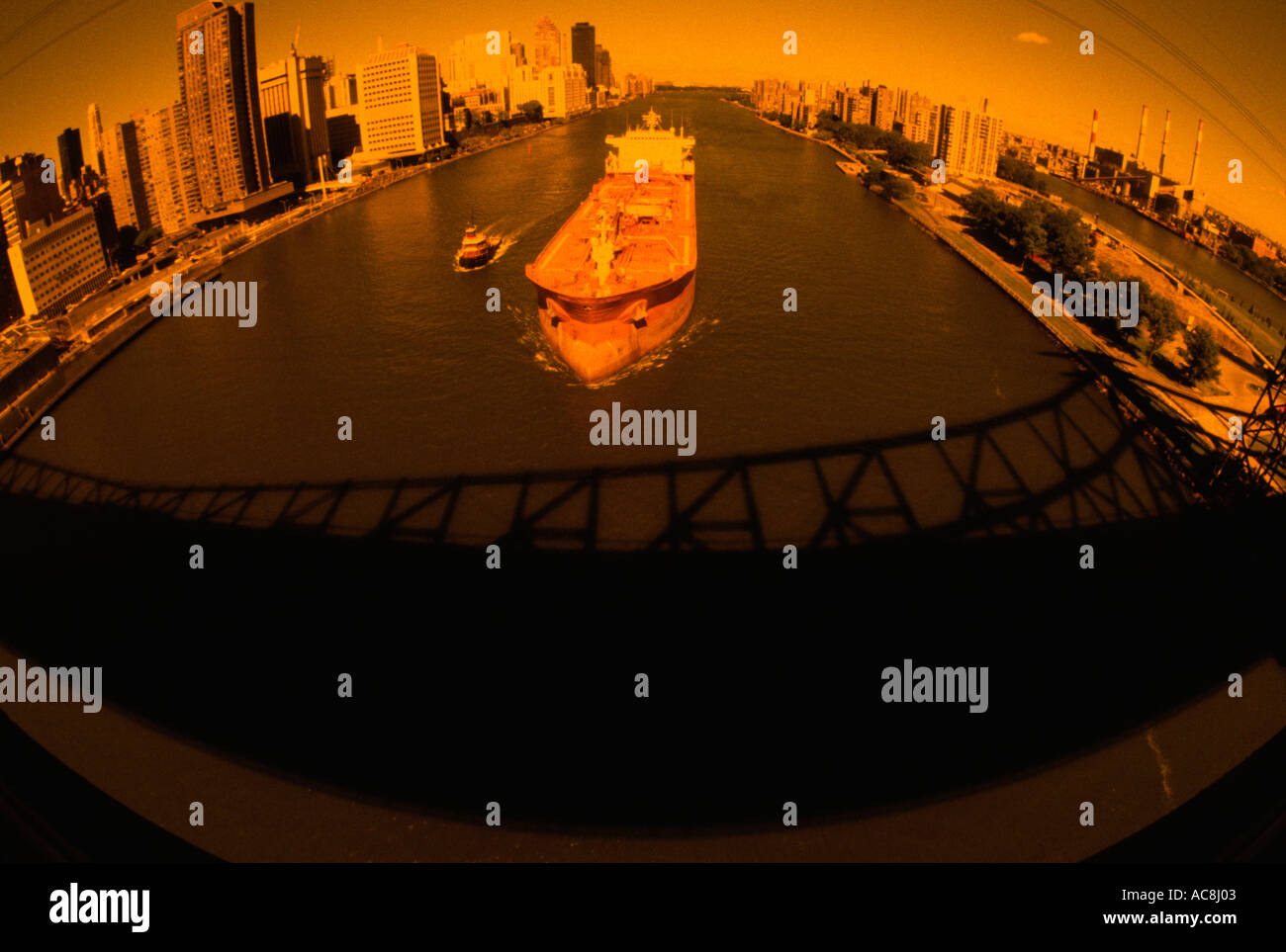 Wide Angle Colored Filter View Of Barge Approaching The