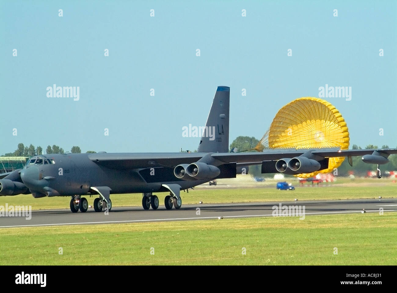 A Boeing B52 Superfortress deploys its brake chute on landing at Royal International Air Tattoo Fairford July 2005 Stock Photo