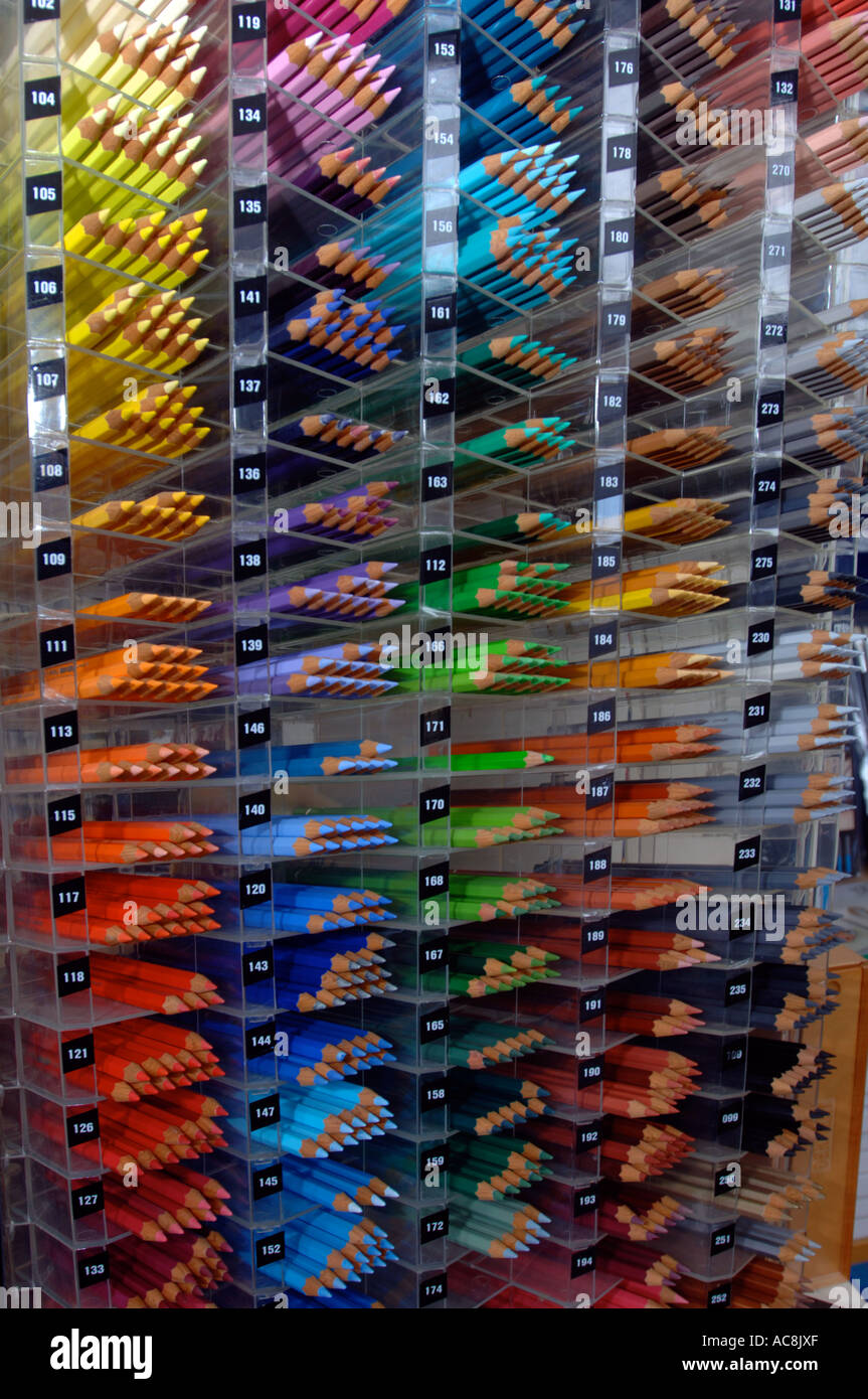 Coloured drawing pencils on sale in a shop Stock Photo