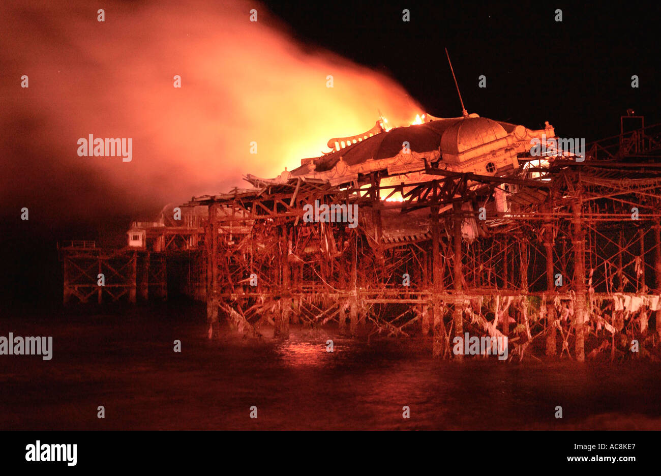 The concert hall theatre of the Victorian West Pier, Brighton, on fire after arson attack Stock Photo