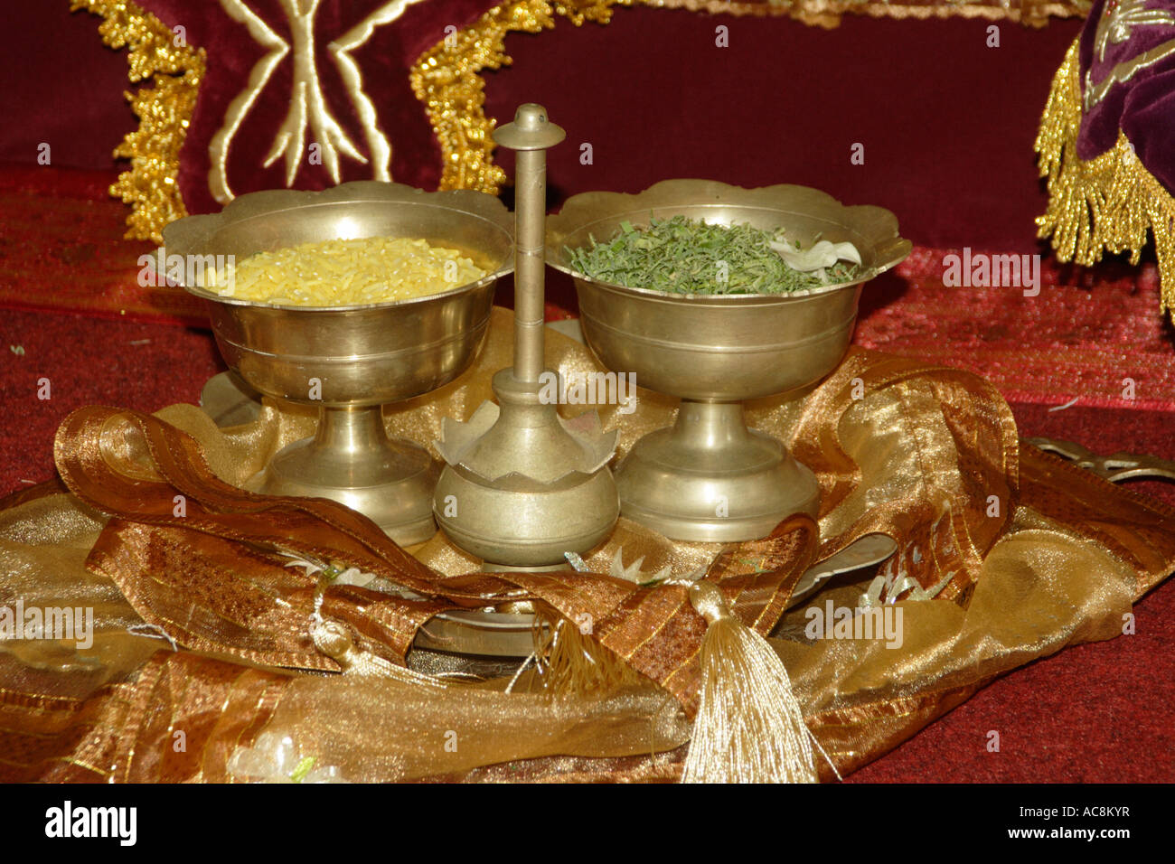 Accessories Consisting Of Yellow Rice Scented Water And Leaves For Malay Wedding In Malaysia Stock Photo Alamy