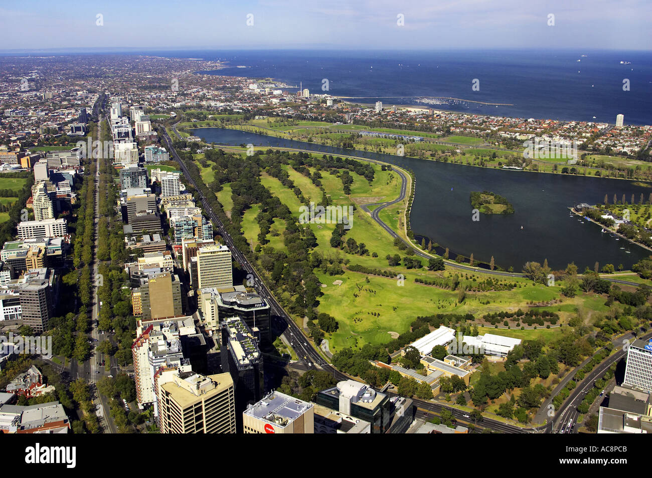 St Kilda Road and Albert Park Lake Melbourne Victoria Australia aerial Stock Photo
