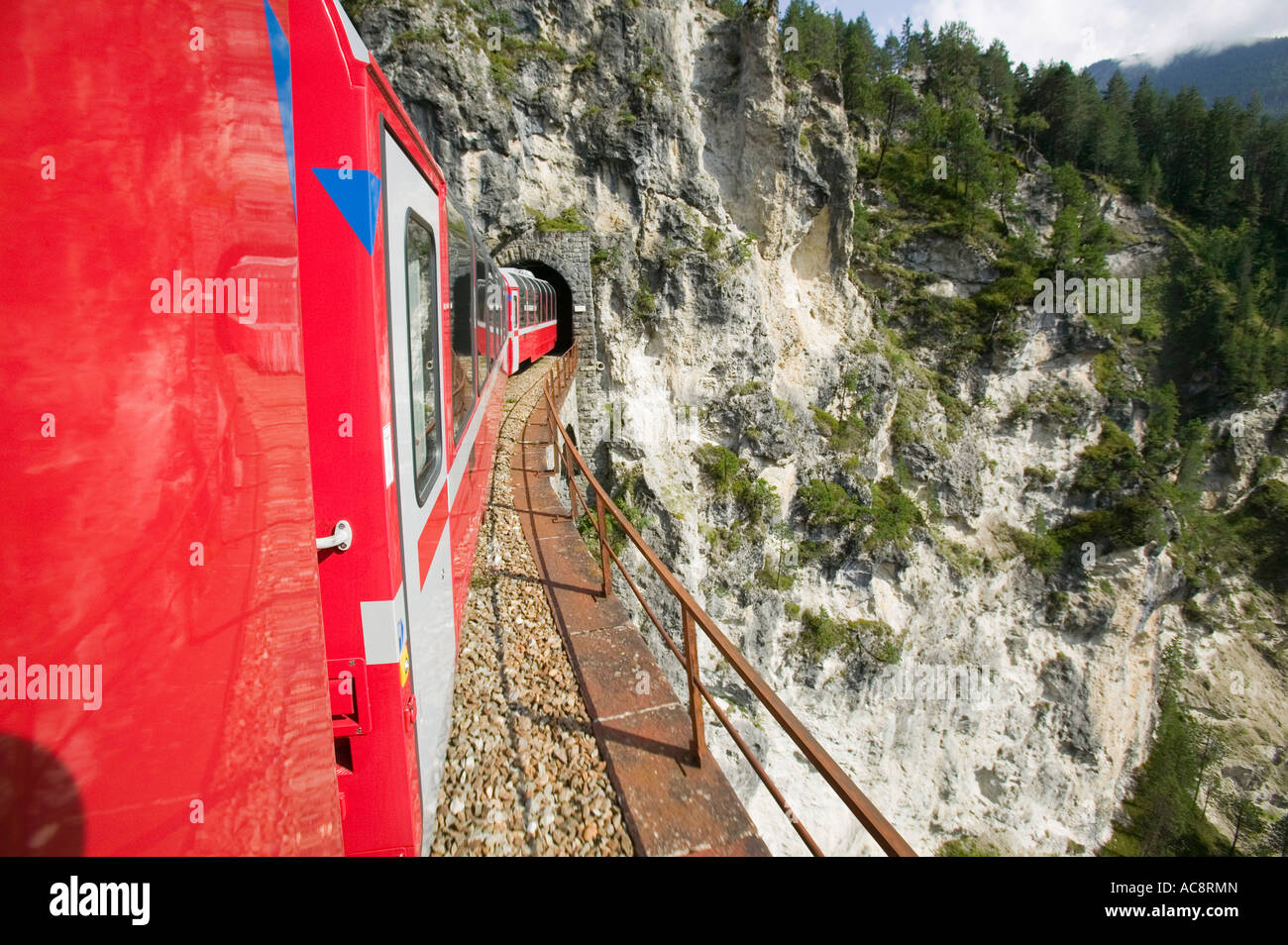 the Bernina Express train in Switzerland from Chur to Tirano in Italy crossing the famous