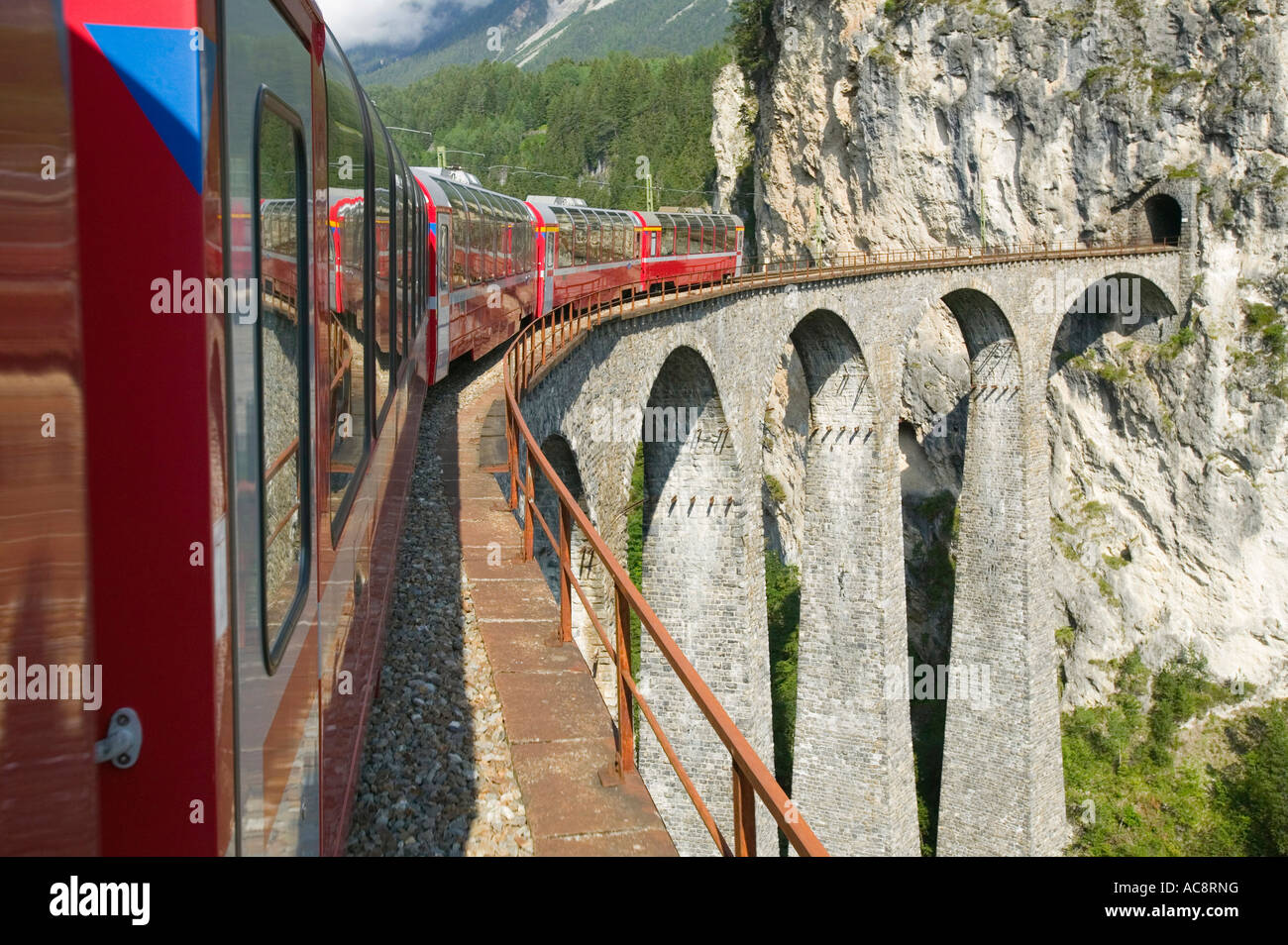 the Bernina Express train in Switzerland from Chur to Tirano in Italy crossing the famous