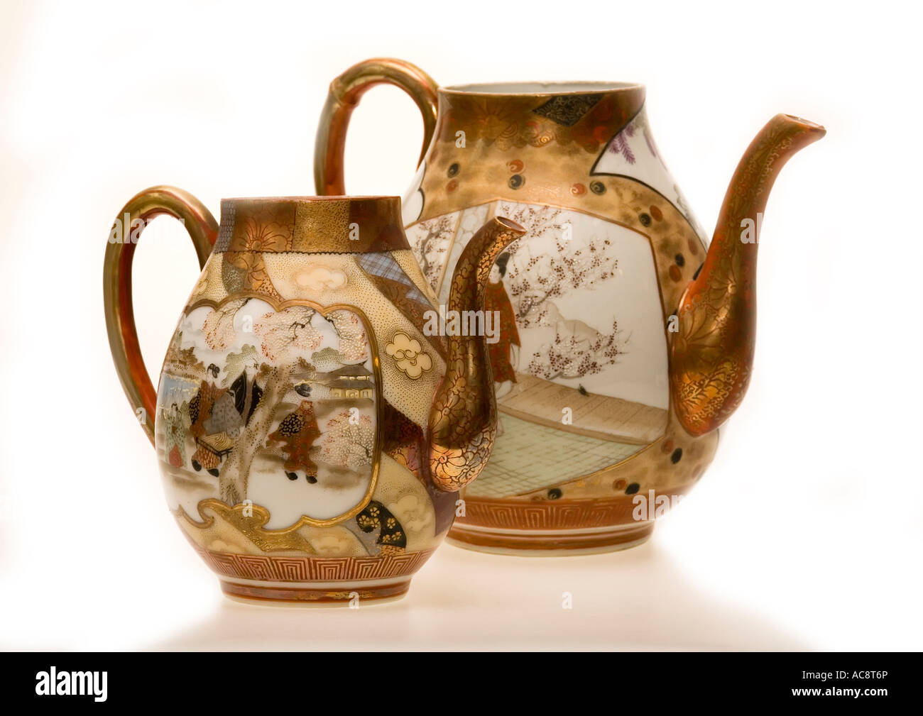 Two hand painted antique fine Chinese china porcelain teapots Stock