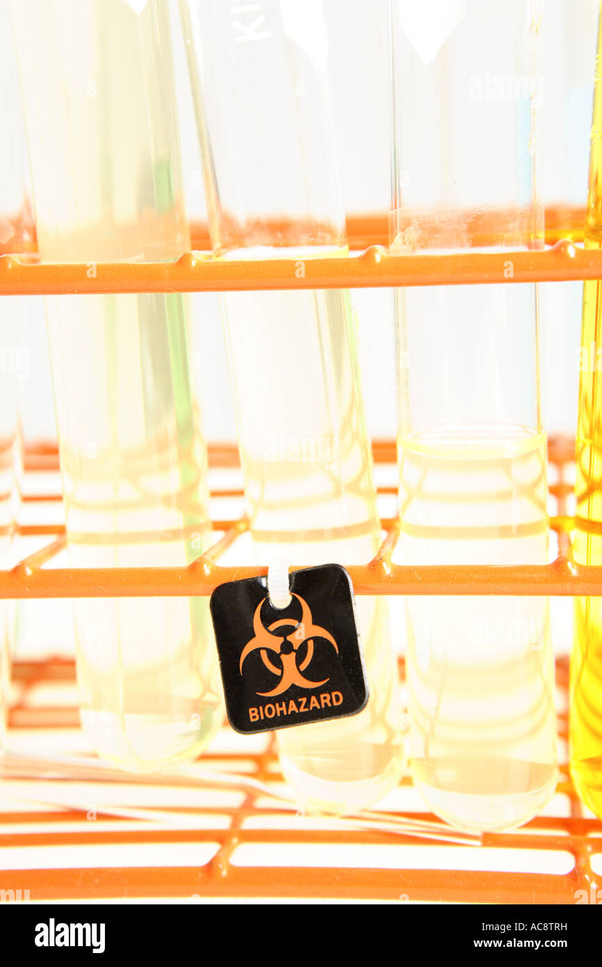 Biohazard label on laboratory test tubes Stock Photo