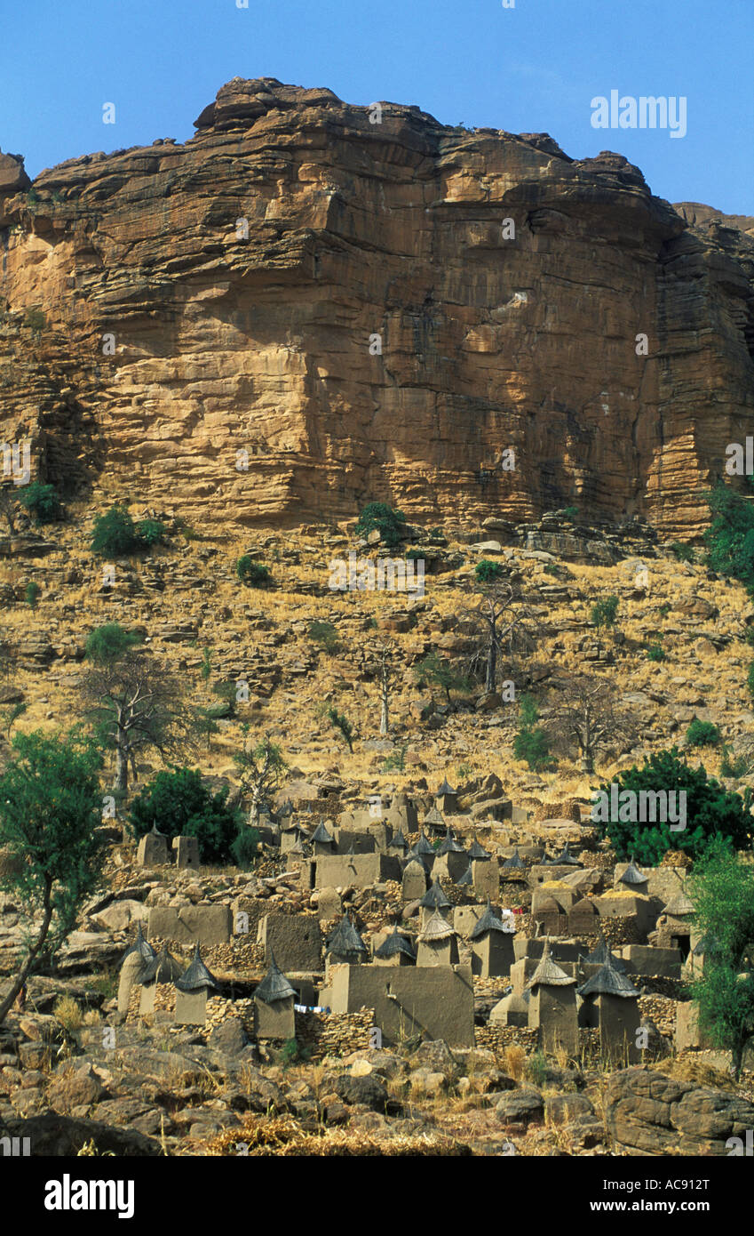 Scenic view of Dogon village near Bandiagara escarpment, Dogon country Mali Stock Photo