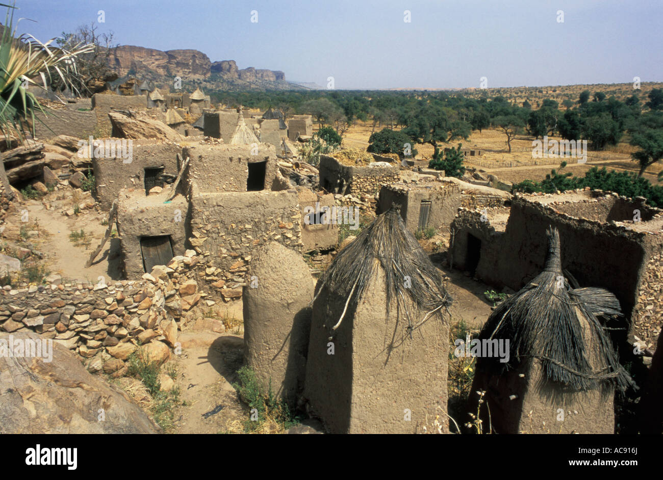 Scenic view of Dogon village on Bandiagara escarpment Dogon country; Mali Stock Photo
