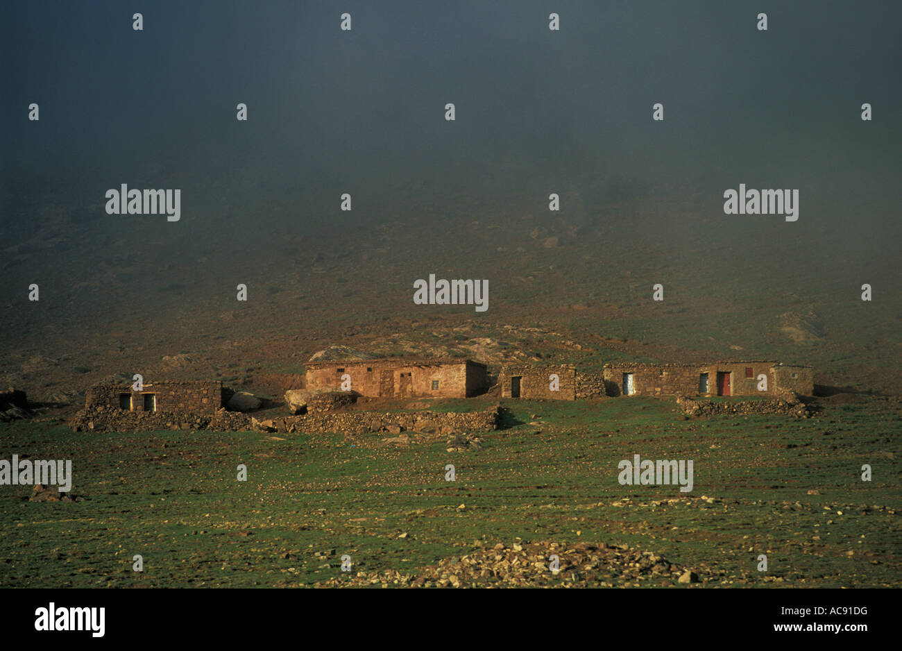 Scenic view of Berber village on slopes near skiing village of Oukaimeden in the Atlas Mountains. Stock Photo