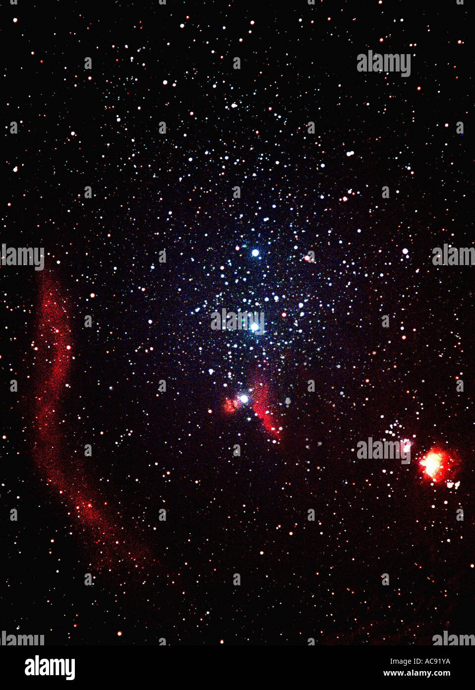 Orion, area of the three bright stars Alnitak, Alnilam und Mintaka which form Orion' Belt, Germany Stock Photo