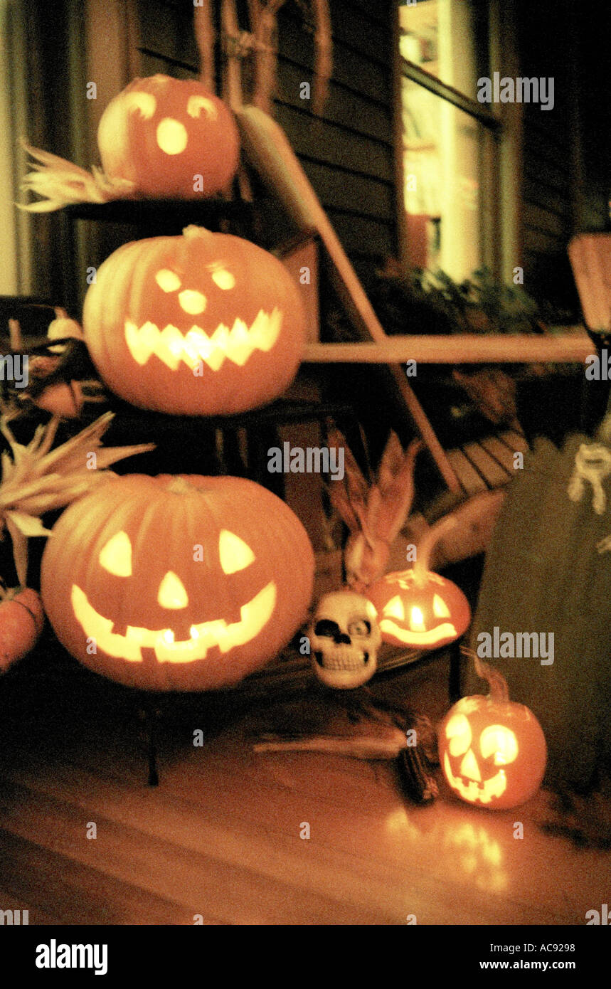 Jack o lanterns on front porch Blured Grainy Stock Photo - Alamy