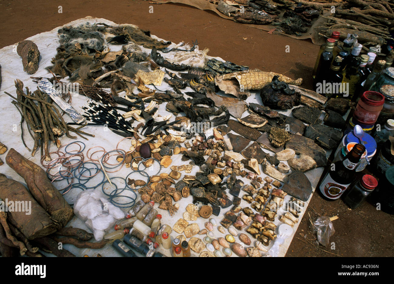 A Herbalists various wares for sale, Kamaqhekeza, near Komatipoort, South Africa. Kamaqhekeza, near Komatipoort, South Africa Stock Photo