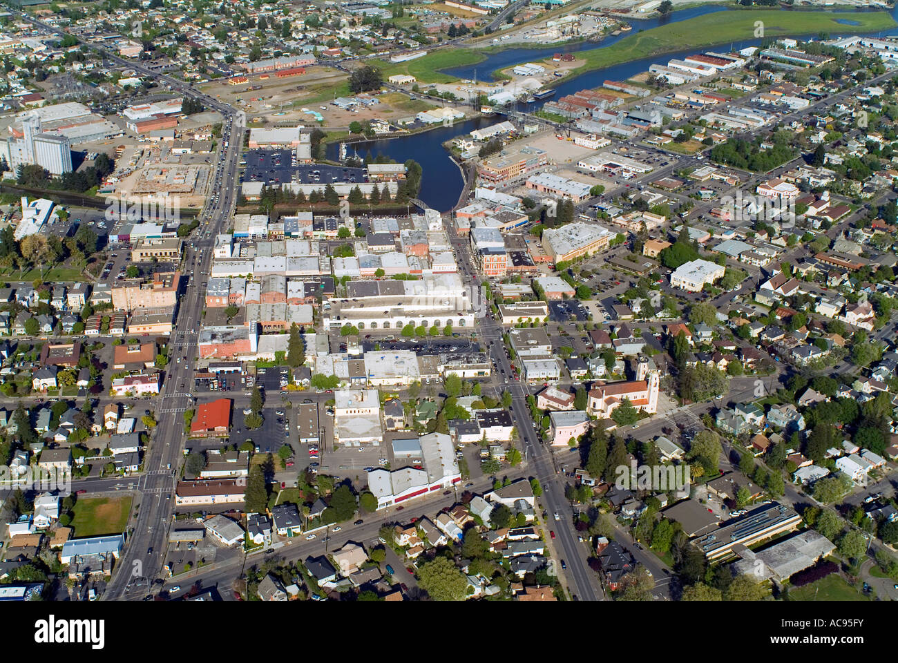 aerial view above City of Petaluma California Petaluma River in the