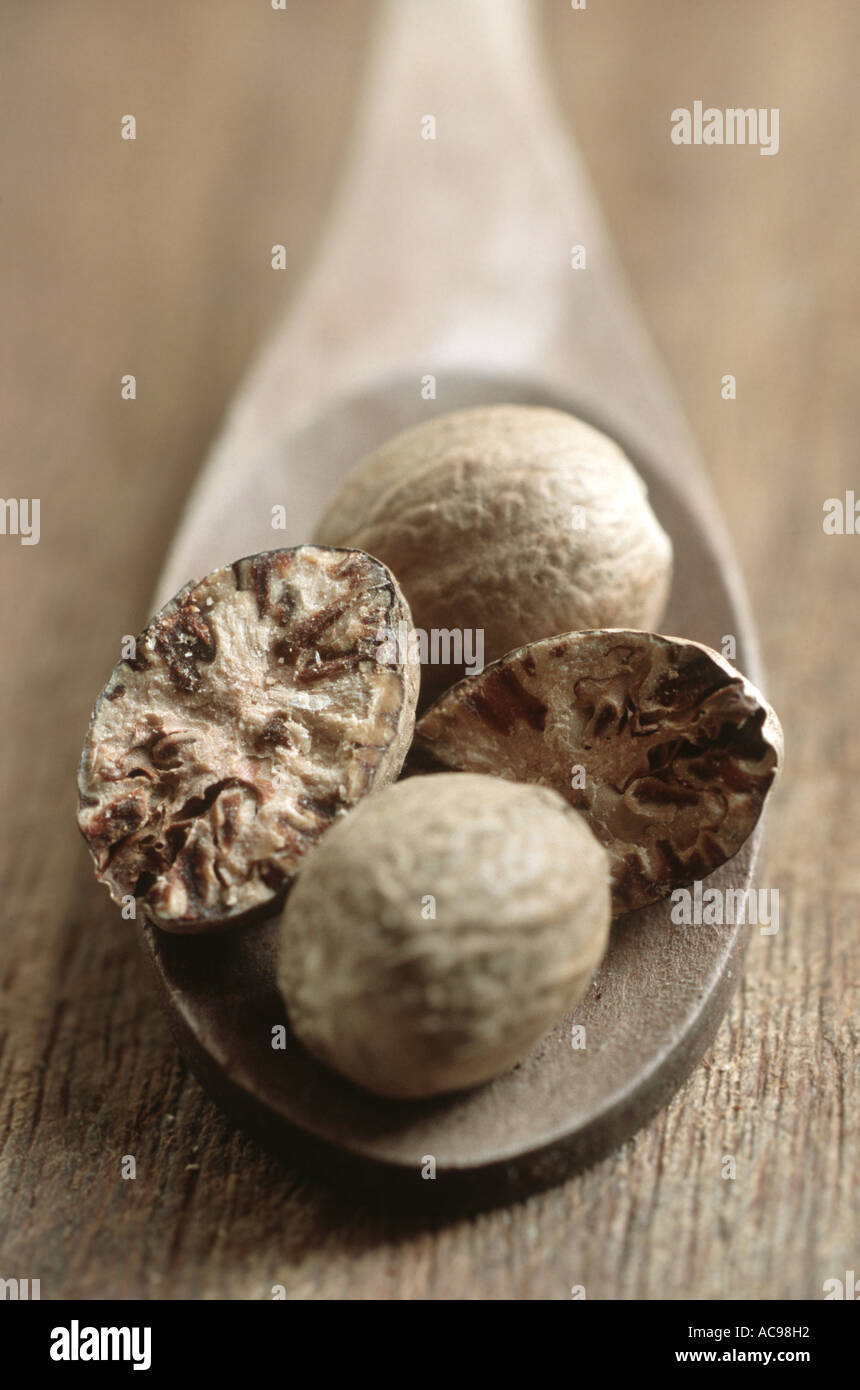 nutmeg, mace (Myristica fragrans), fruits on spoon Stock Photo Alamy