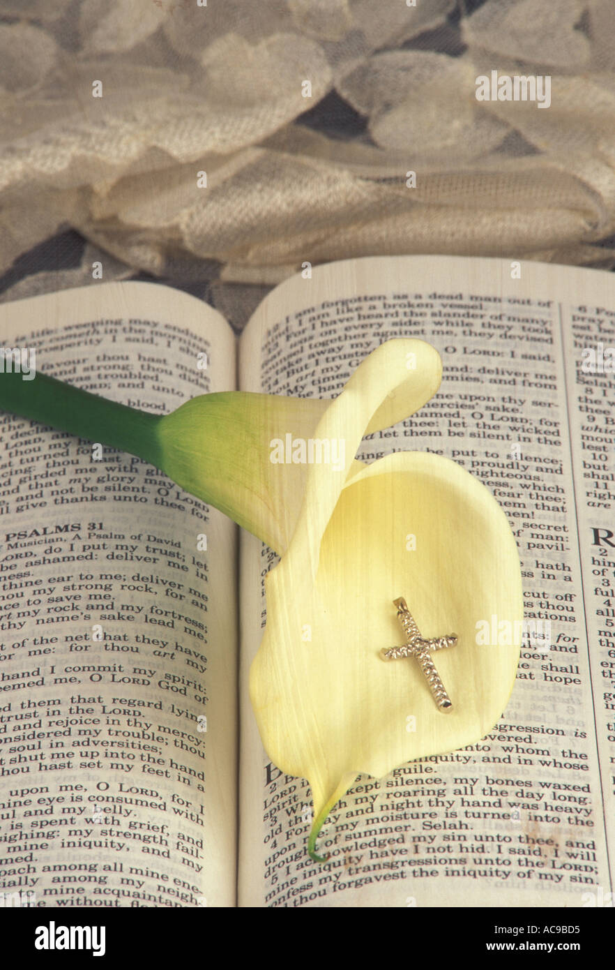 Symbolic stillife of white bible cross and lily Stock Photo