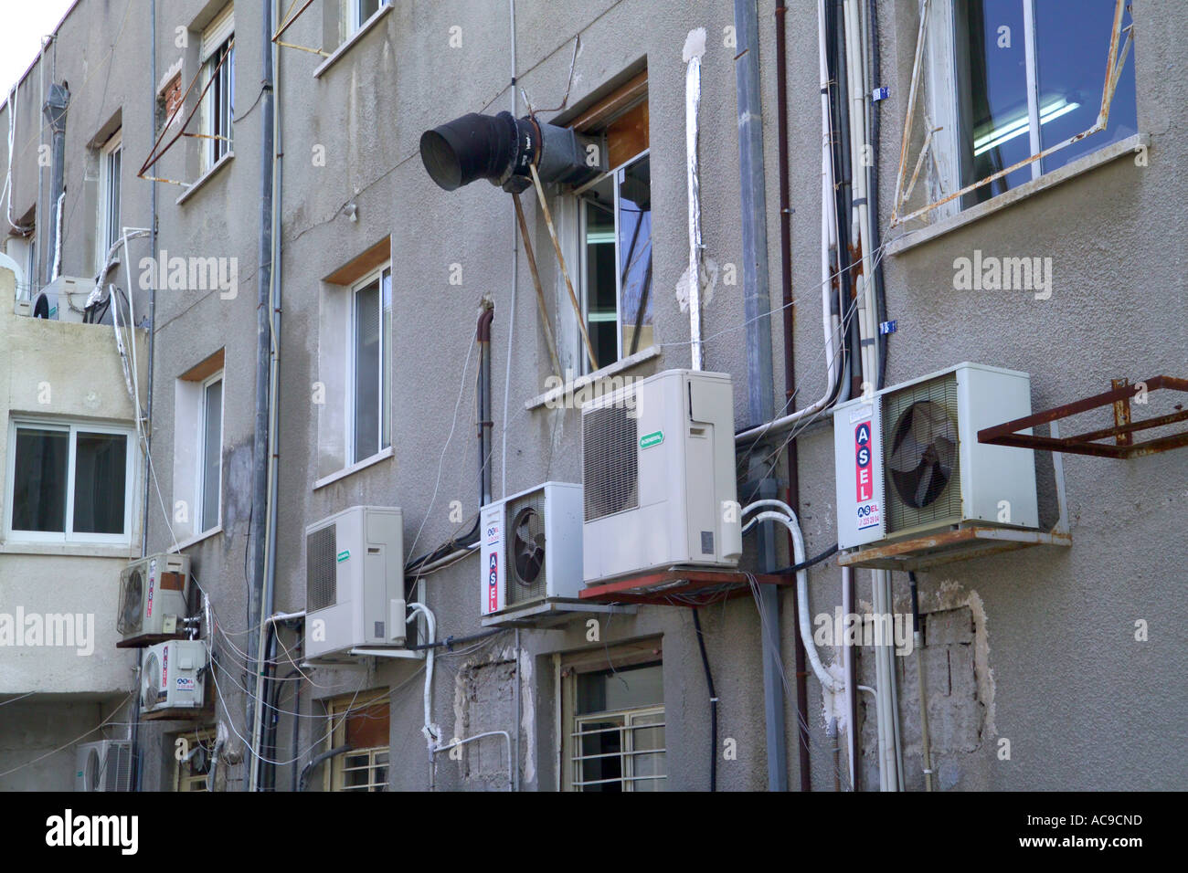 air conditioning units on outside walls Stock Photo