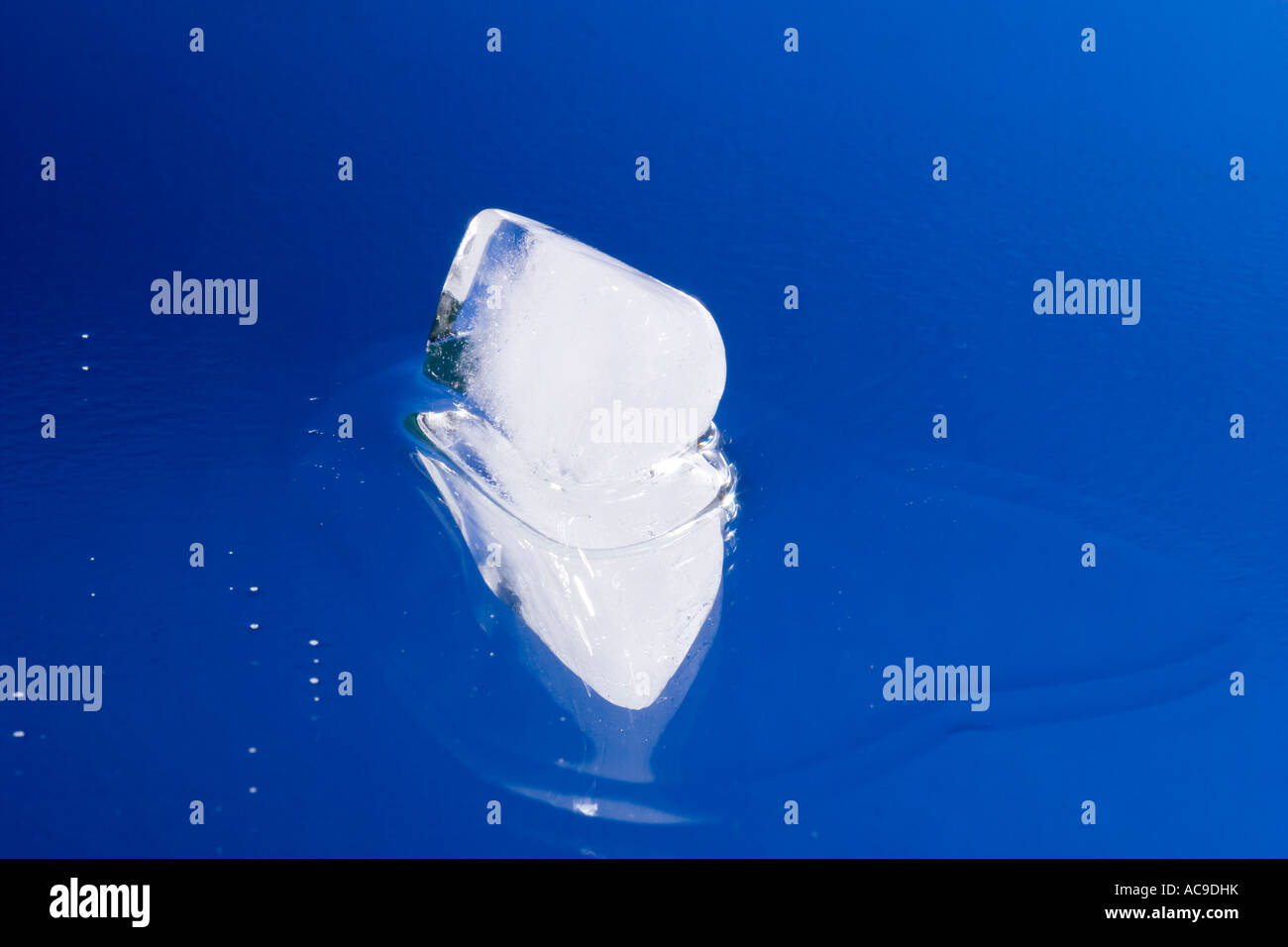 Melting ice cube with water drops on a mirror - blue background Stock ...