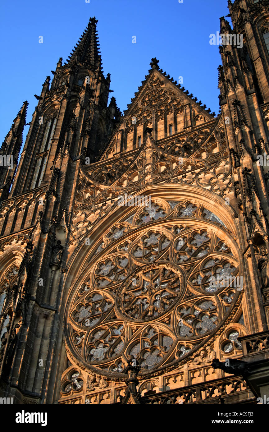 Gothic facade and spires of St. Vitus Cathedral against a clear blue ...